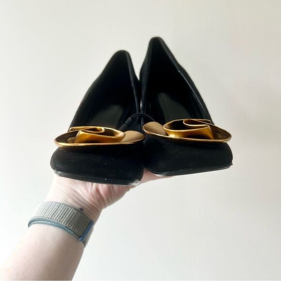 NWT Zara Gold Flower Suede Black Block Heels - Picture 8 of 13
